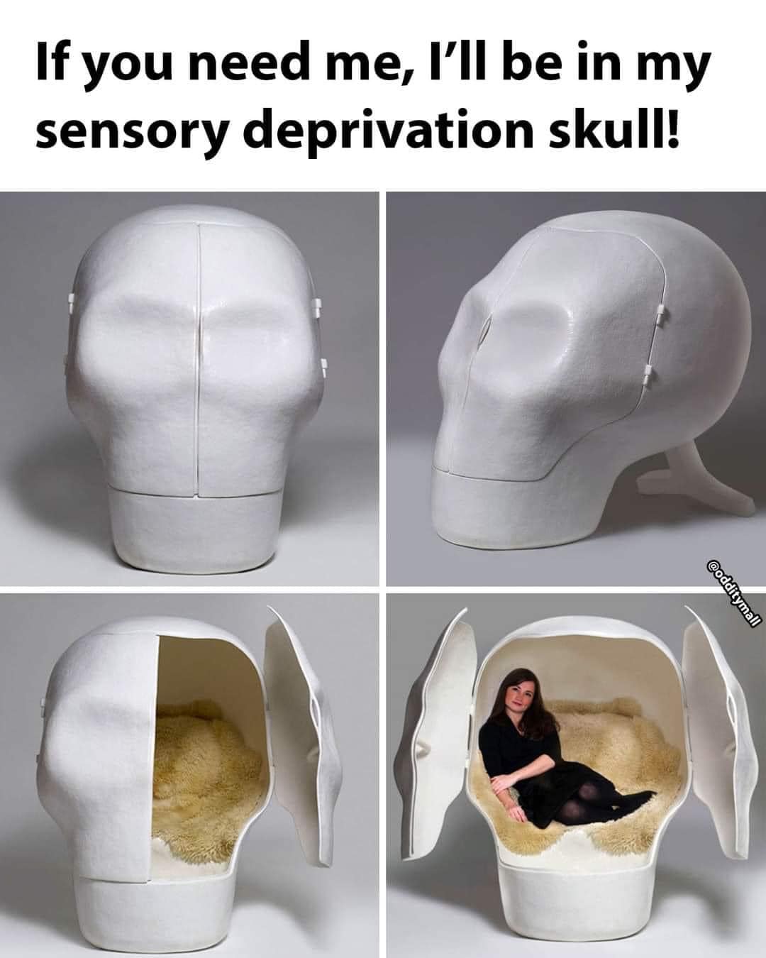 This meme is a humorous take on a person's desire for sensory deprivation. The image shows a large, empty, and hollowed-out human skull with a soft, fluffy interior. The text at the top reads, "If you need me, I'll be in my sensory deprivation skull."